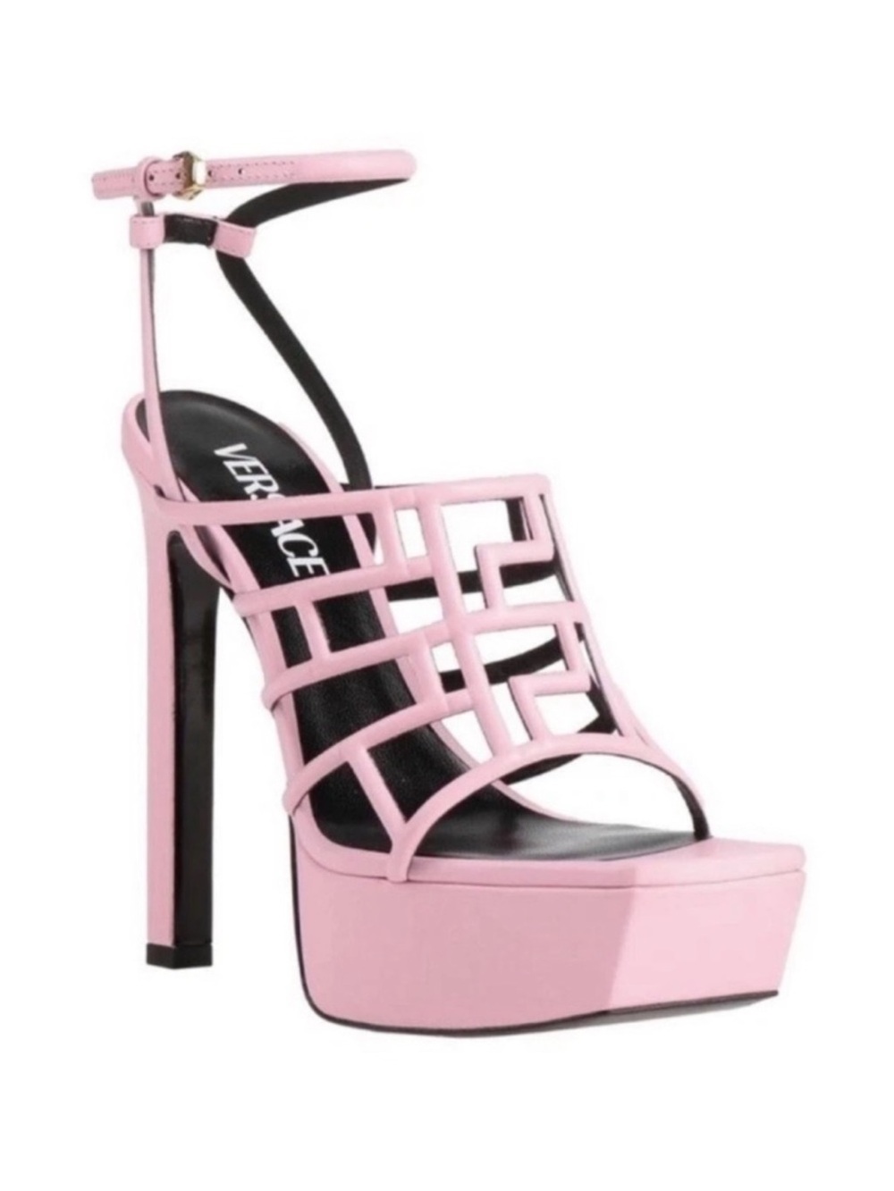 New! VERSACE Greca Maze Pink Leather Platform Sandals Heels IT 38 - Picture 2 of 13